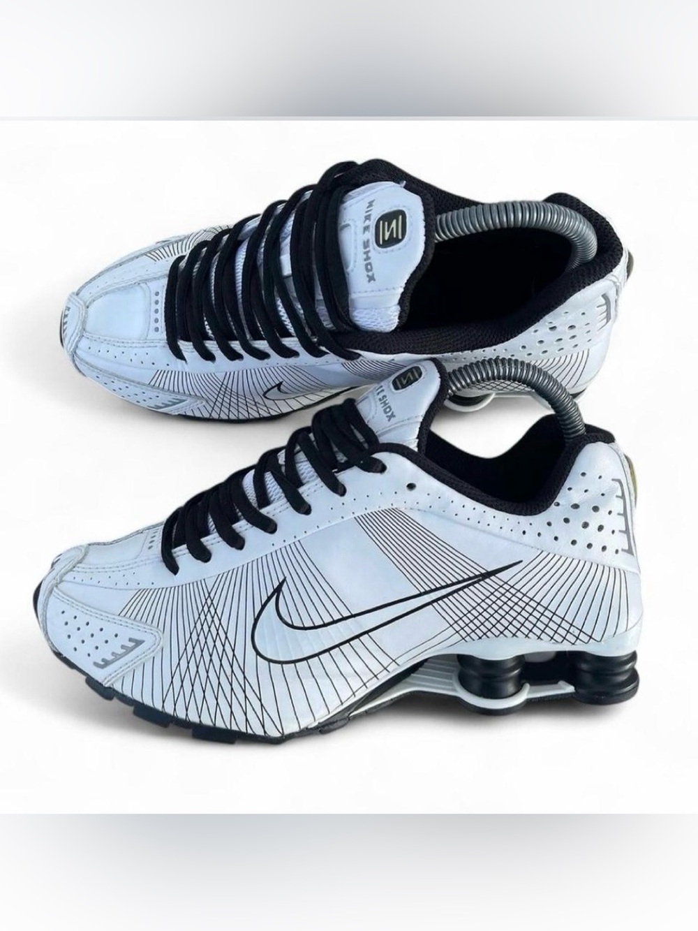 Nike Shox R4 sneakers in a white colorway with black accents. - Picture 2 of 6
